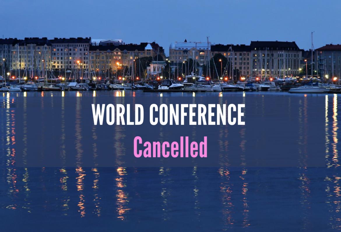Helsinki wharf at night with words World Conference cancelled